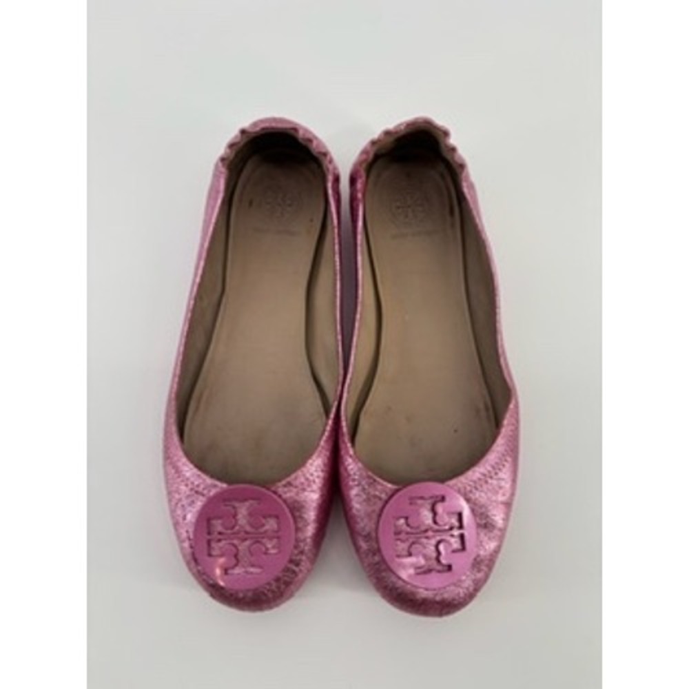 Tory Burch Minnie Travel Ballet Flats Metallic Pink Crackle Leather Logo Size7.5 - Picture 2 of 7